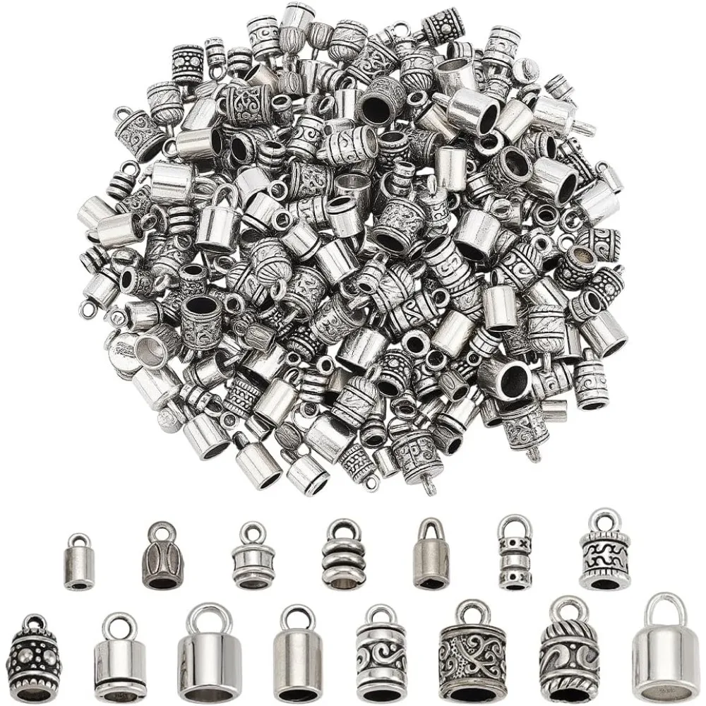 

90PCS Cord End Caps 15 Styles Leather Tassel Cap Alloy Tube Barrel End Tip Cord Link Buckle Glue-in End Cap for DIY Kumihimo