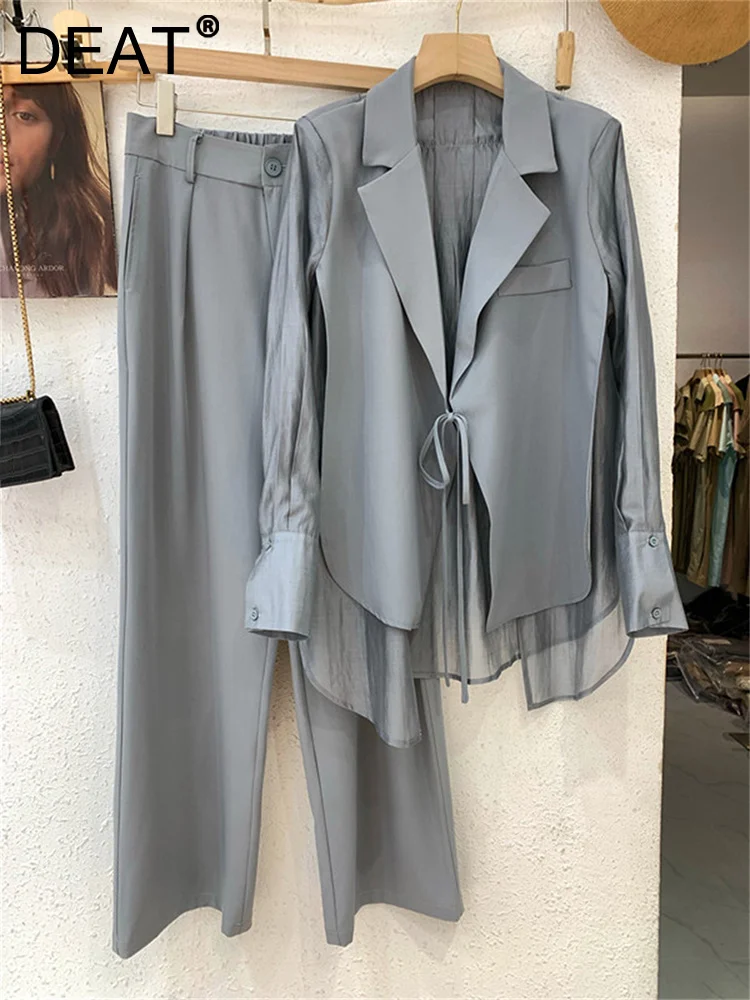 Fashion Office Lady Suit Two-Piece Set Women Lace-Up Patchwork Mesh Jacket Leisure Loose Trousers 2024 Summer New 11Xx2576