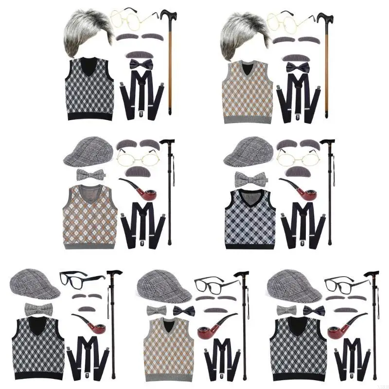 N5KB Kids 100 dagen schoolkostuumset Halloween Old Man Kostuum Hat Opa Vest Set Old Person Cless Up Outfit voor jongen