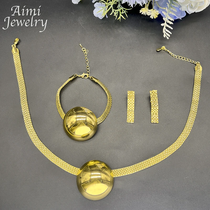 Exquisite 18K Gold Plated Jewelry Set Women Golden Choker Necklace Drop Earrings Bracelet Jewellery African Party Wedding Gifts