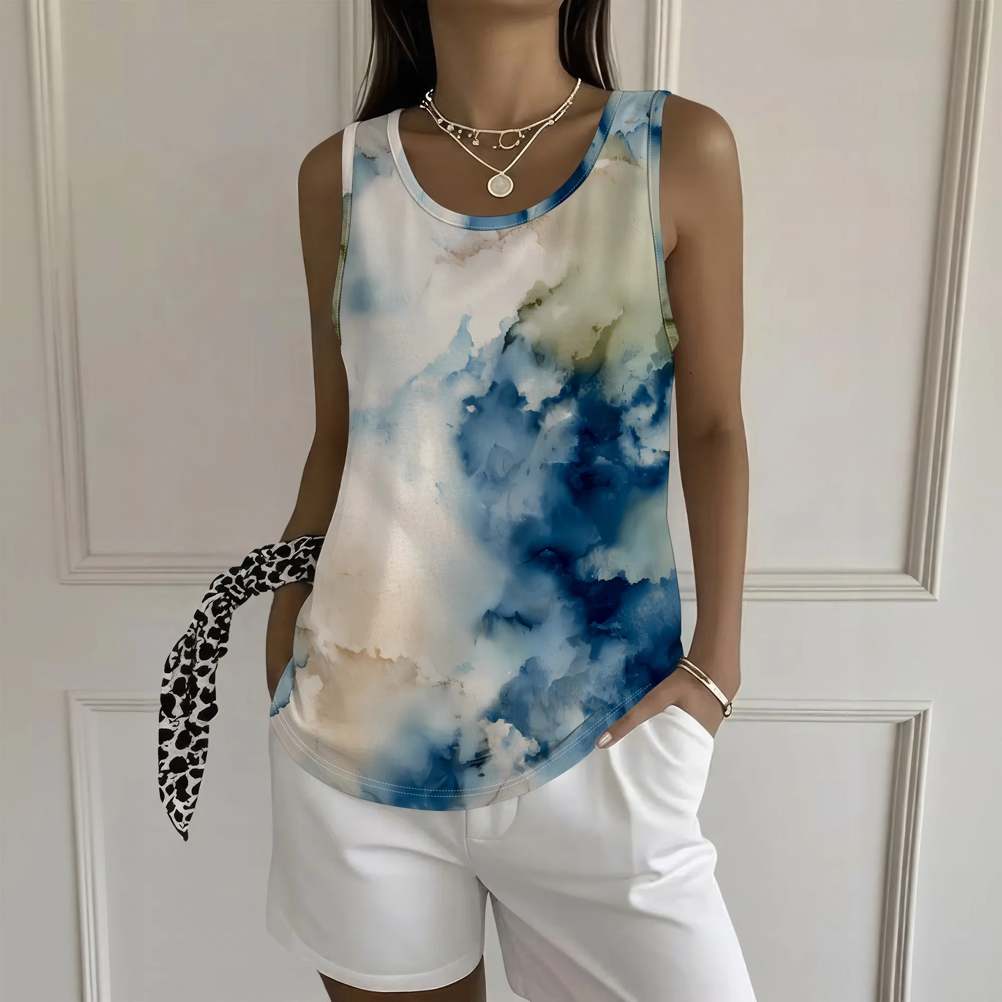 Abstract Cloud Print Tank Top, Blue Tie Dye Sleeveless Shirt, Loose Fit Summer Blouse, Beach Vacation Outfit, S-2XL
