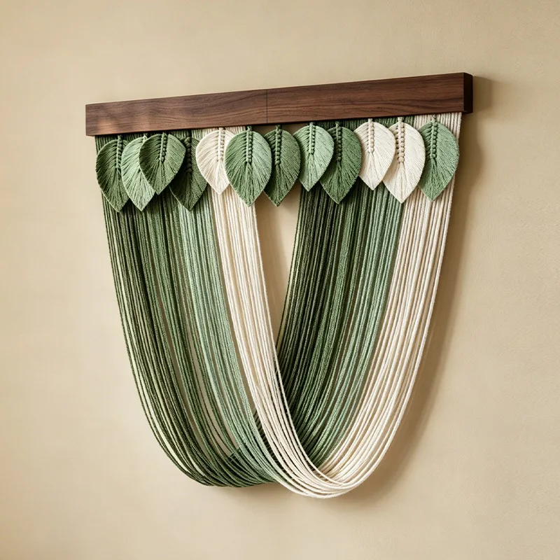 Boho Macrame Wall Hanging with 3D Green Leaf Tassels Large Gradient Cotton Rope Tapestry for Living Room TV Background Bedroom