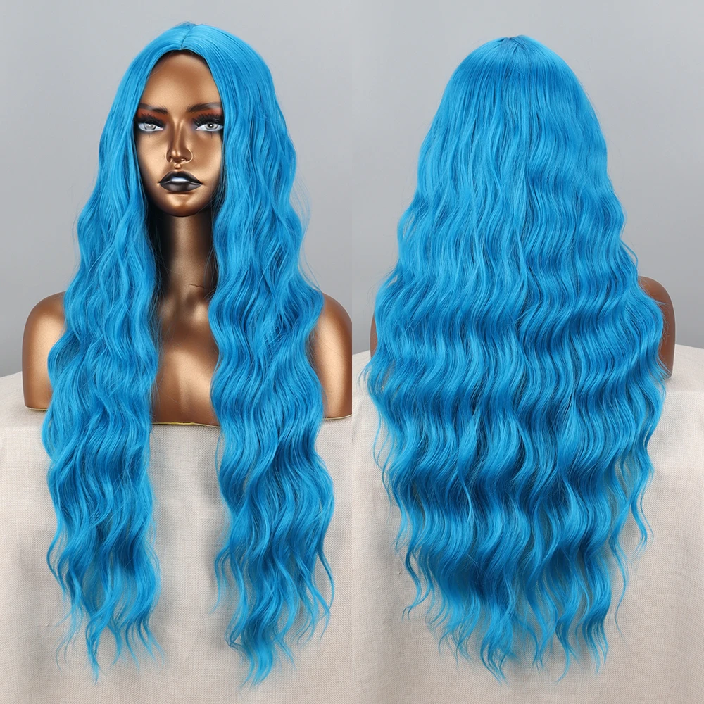 Blue Long Wave Wig Synthetic High Heat Resistant Material Daily Wear Wig Cosplay Wig