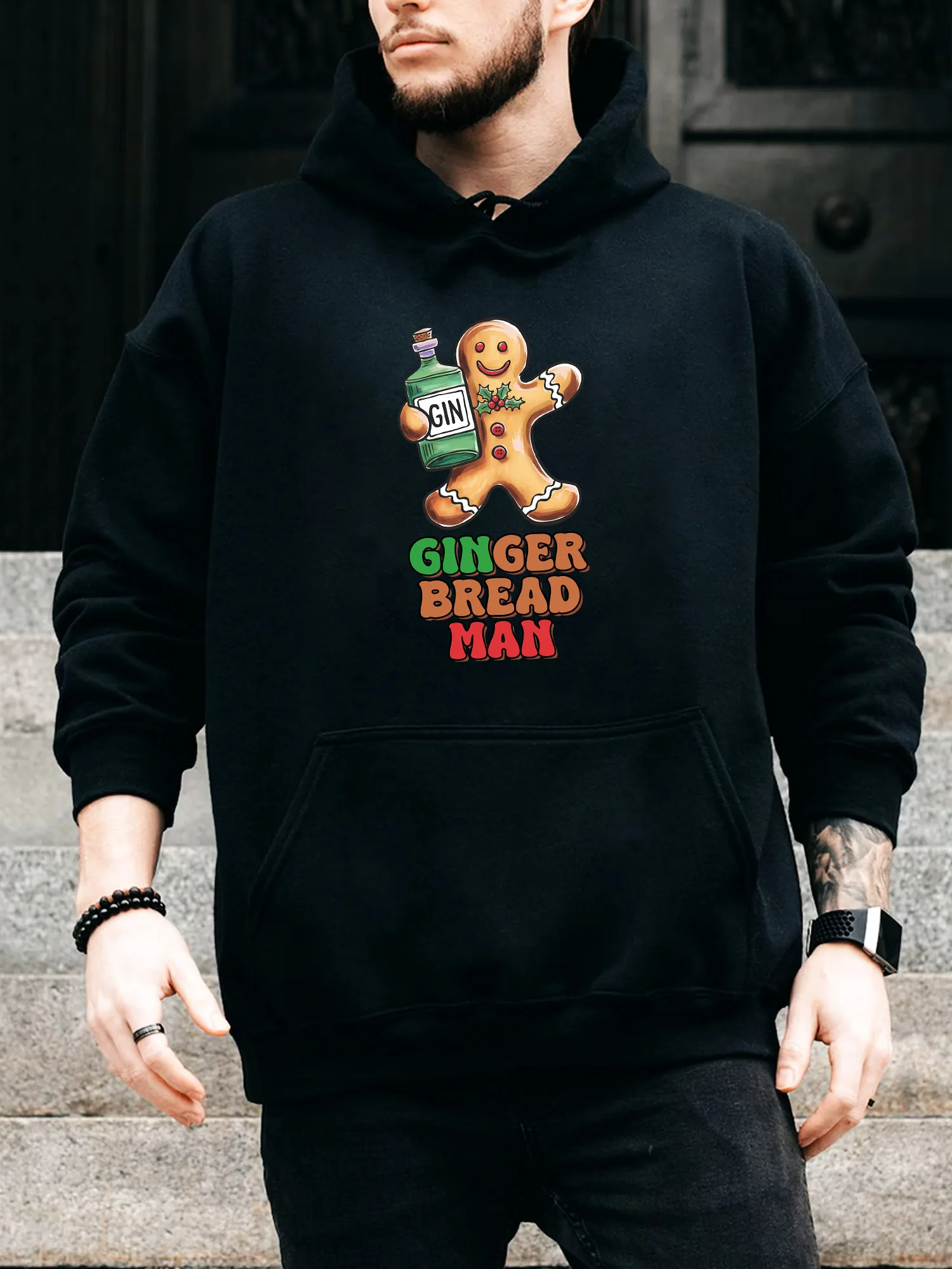 

Gingerbread Man Men's Drawstring Hoodie - Casual Comfortable Black Pullover, Fall & Winter Hooded Sweatshirt