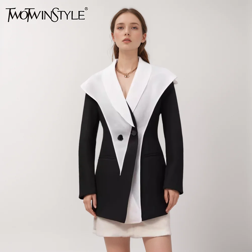 

TWOTWINSTYLE Colorblock Streetwear Blazer For Women Shawl Collar Long Sleeve Tunic Patchwork Button Slimming Coat Female Fashion