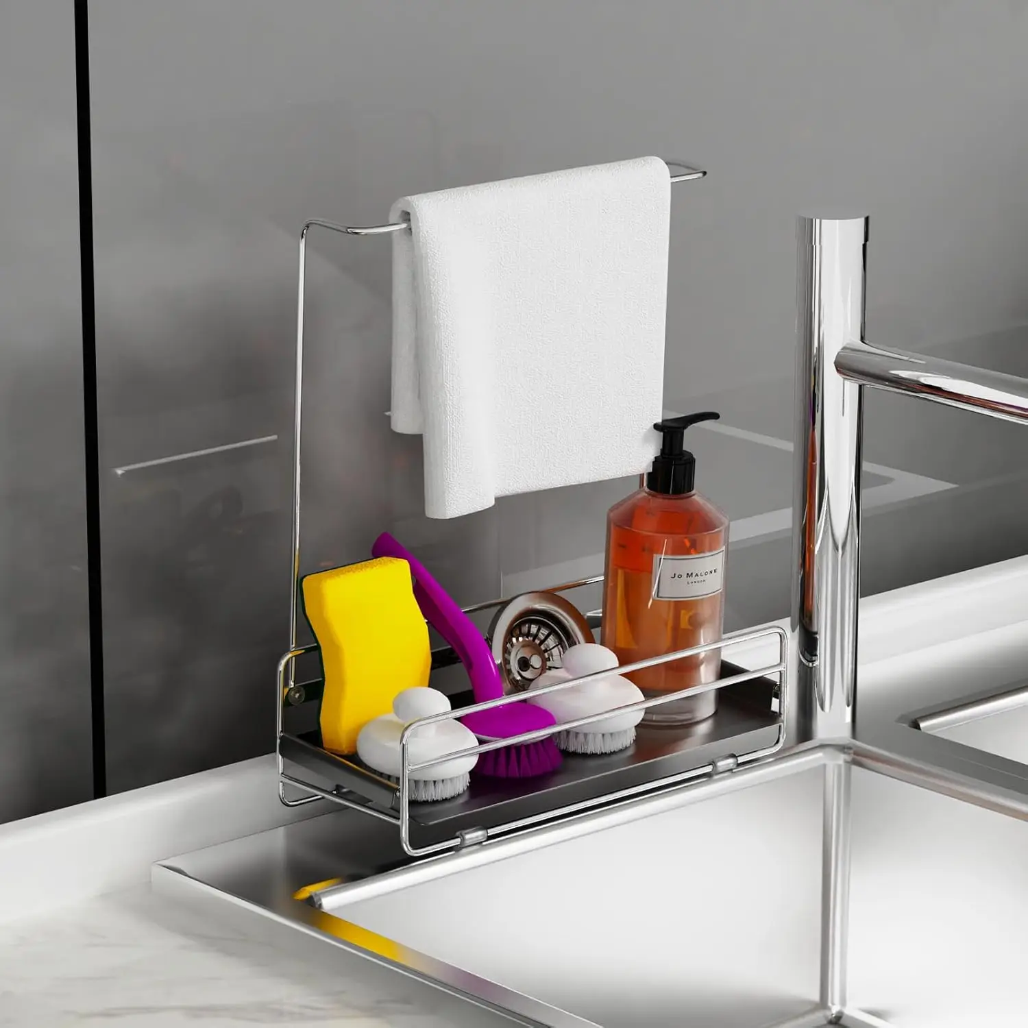 

304 StainlSteel Sponge Holder with Towel Rack for Kitchen Sink, Sink Caddy with 4 Non-Slip Silicone