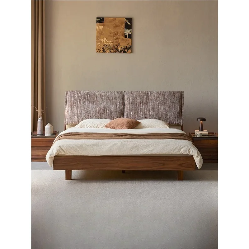 Light luxury solid wood bed, black walnut leather bed, multi-functional adjustable soft bag, double master bed