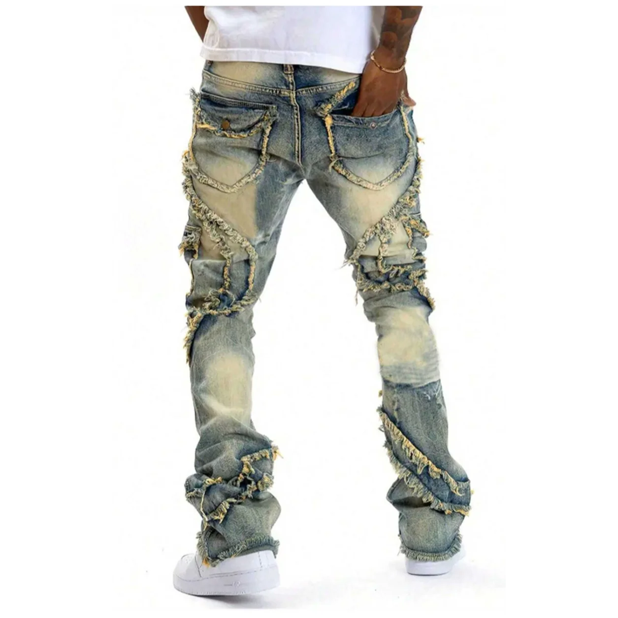 

Plus Size 6XL 5XL 4XL New 2026 men's casual jeans, street punk fashion, retro, ripped hole, slightly flared tassel elastic jeans
