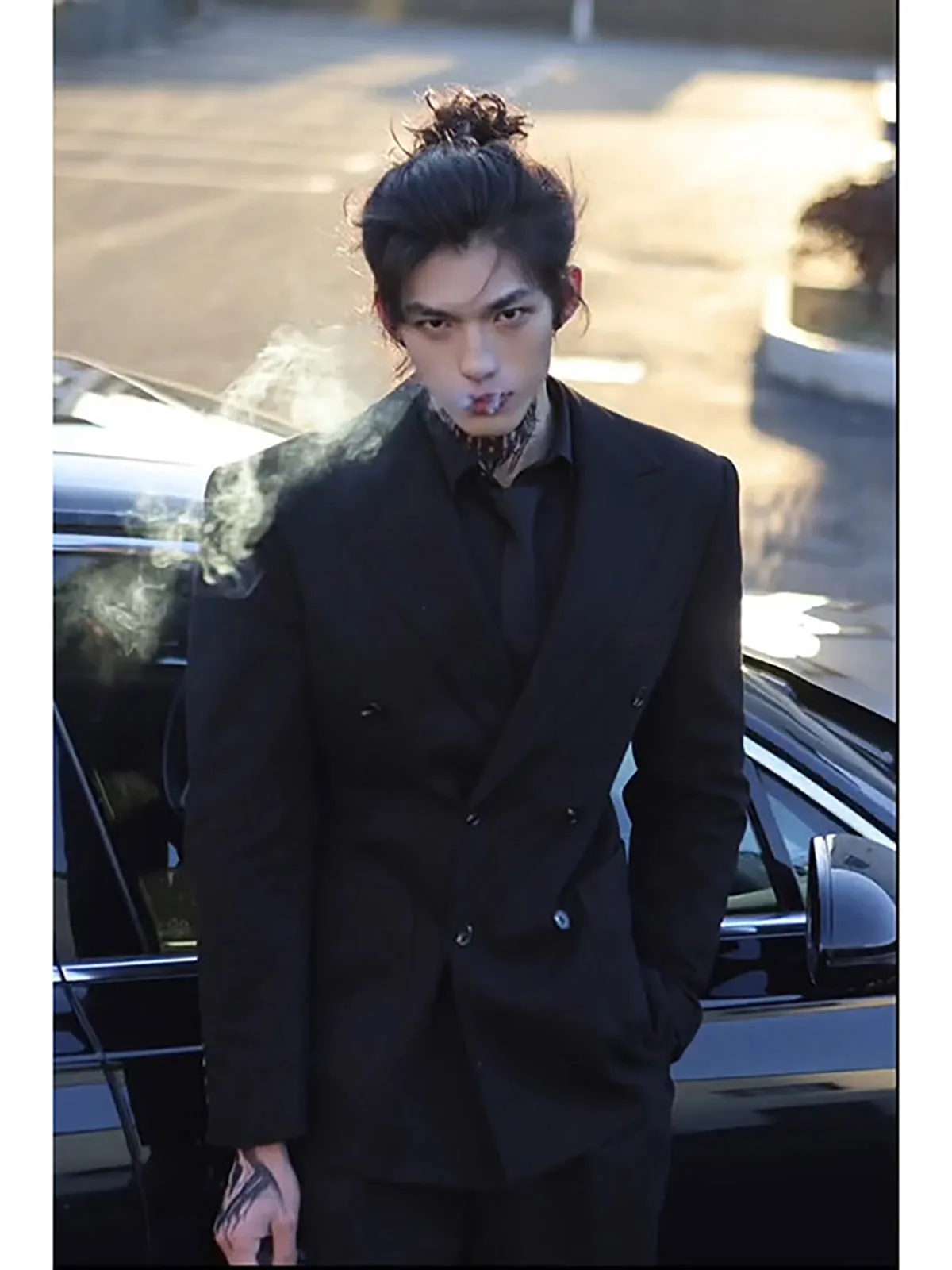 Slim Fit British Style Men's Casual Double Breasted Suit Black Regular Sleeve Length Long Sleeve Warmth for Daily Wear