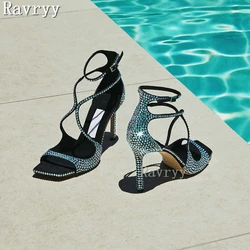 Summer New Bling Rhinestone Square Toe Stiletto Sandals Ankle Wrap Thin High Heels Sexy Women Shoes Luxury Brand Party Shoes