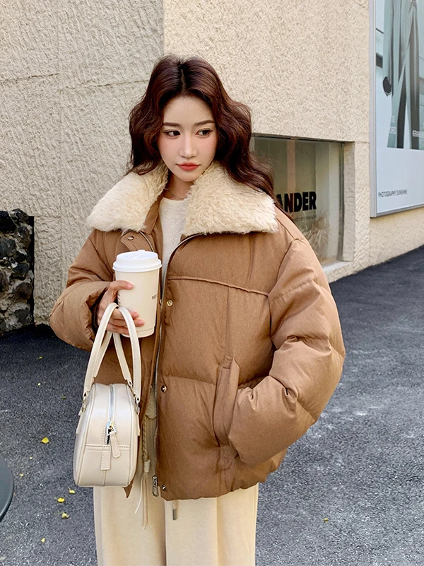 양털 칼라 다운 재킷 여성용 오트 슬레 티엔드 따뜻한 화이트 듀 페더 이너 코트 브레드 디자인 겨울 아우터웨어