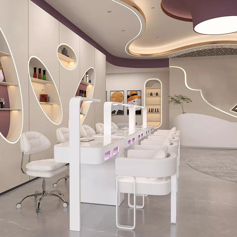 

Современная мебель для салона красоты, полностью белый двухместный маникюрный стол для салона, роскошный стол для ногтей со стулом
