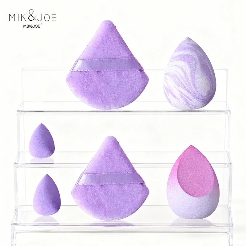6개입 퍼플 그라데이션 메이크업 블렌더 세트: 작은 물방울, 삼각형, 대형 블렌더 및 원컷 스펀지로 완벽한 마무리