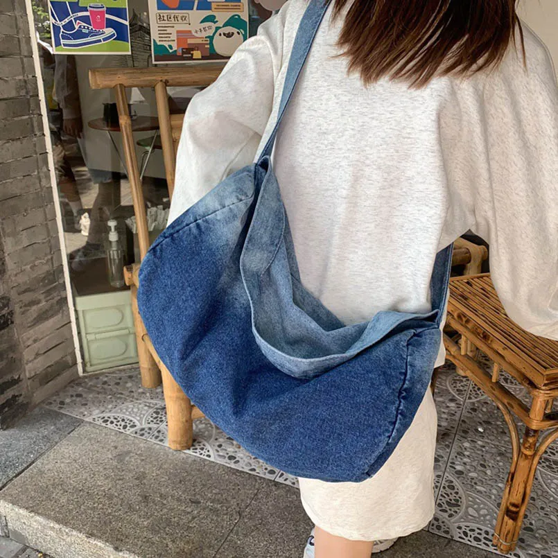 Denim Unisex Campus Large Capacity Blue Black Gradient Shoulder Messenger Crossbody Bags Jean Handbag Women Purse