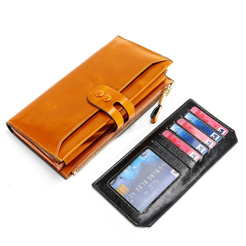 Genuine Leather Women's Long Wallet Ladies' High-quality Coin Purse RFID Anti Magnetic Card Bag, Retro Oil Wax Cowhide Wallet