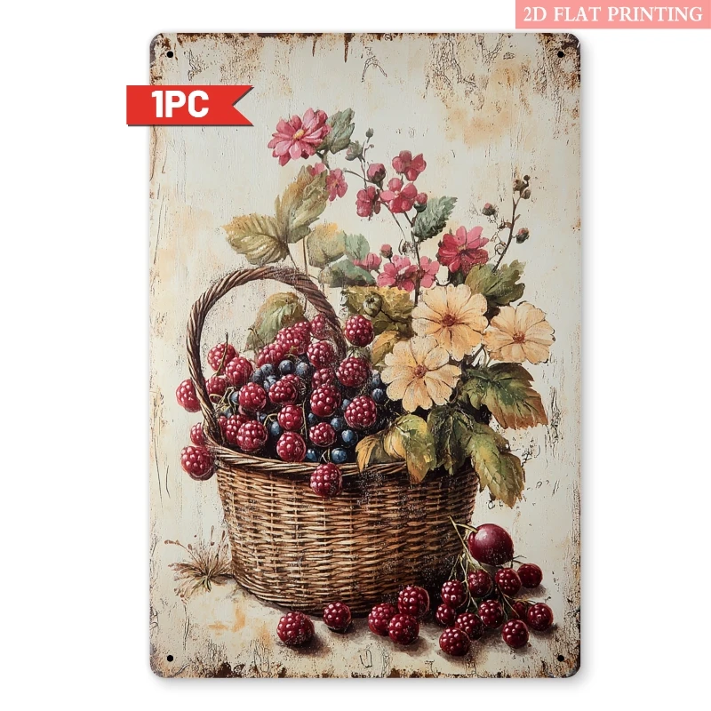 Vintage Metall-Blechschild mit Früchten und Blumen, 20x30cm, Rustikale Wanddekoration, Eisenplakette für Wohnzimmer, Esszimmer, Balkon
