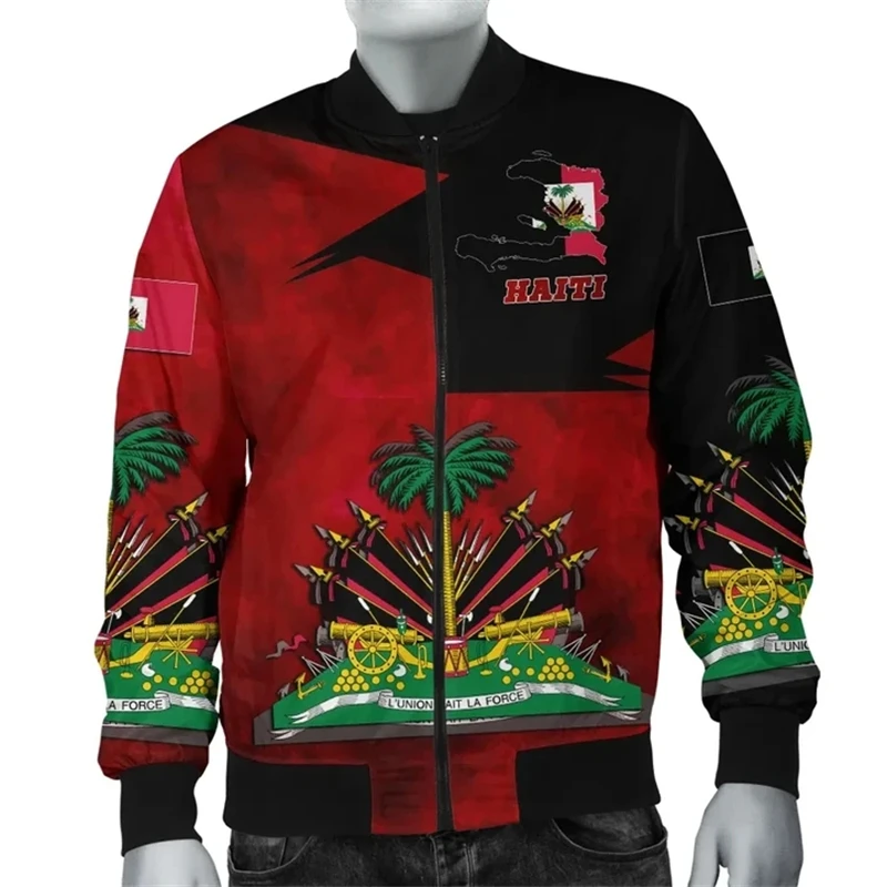 Oversized Jacket Country Emblem Flag Caribbean Sea Haiti Island Retro Streetwear 3D Print Fun Casual Long Sleeve Men/Women Coat