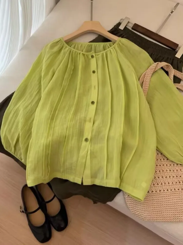 Unico lungo Sve irt Estate da donna Nuovo Sle Sottile Protezione solare Cotone Lino Pieghettato Avocado een Colore Versatile Loos...