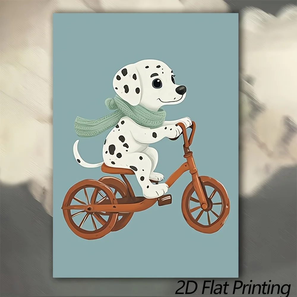 2D Flat, 2D Flat, 1pc Canvas Painting, Adorable Dalmatian Puppy Riding Tricycle Art Print, Soft Teal Background Wall Art, Whi