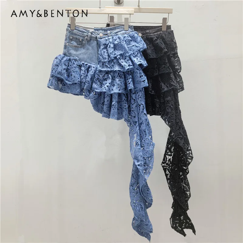 

Deconstructed Hollow Lace Spliced Denim Skort For Ladies Ribbon Decor Tiered Cake Mini Skirt High Waist Trendy Casual Daily Wear