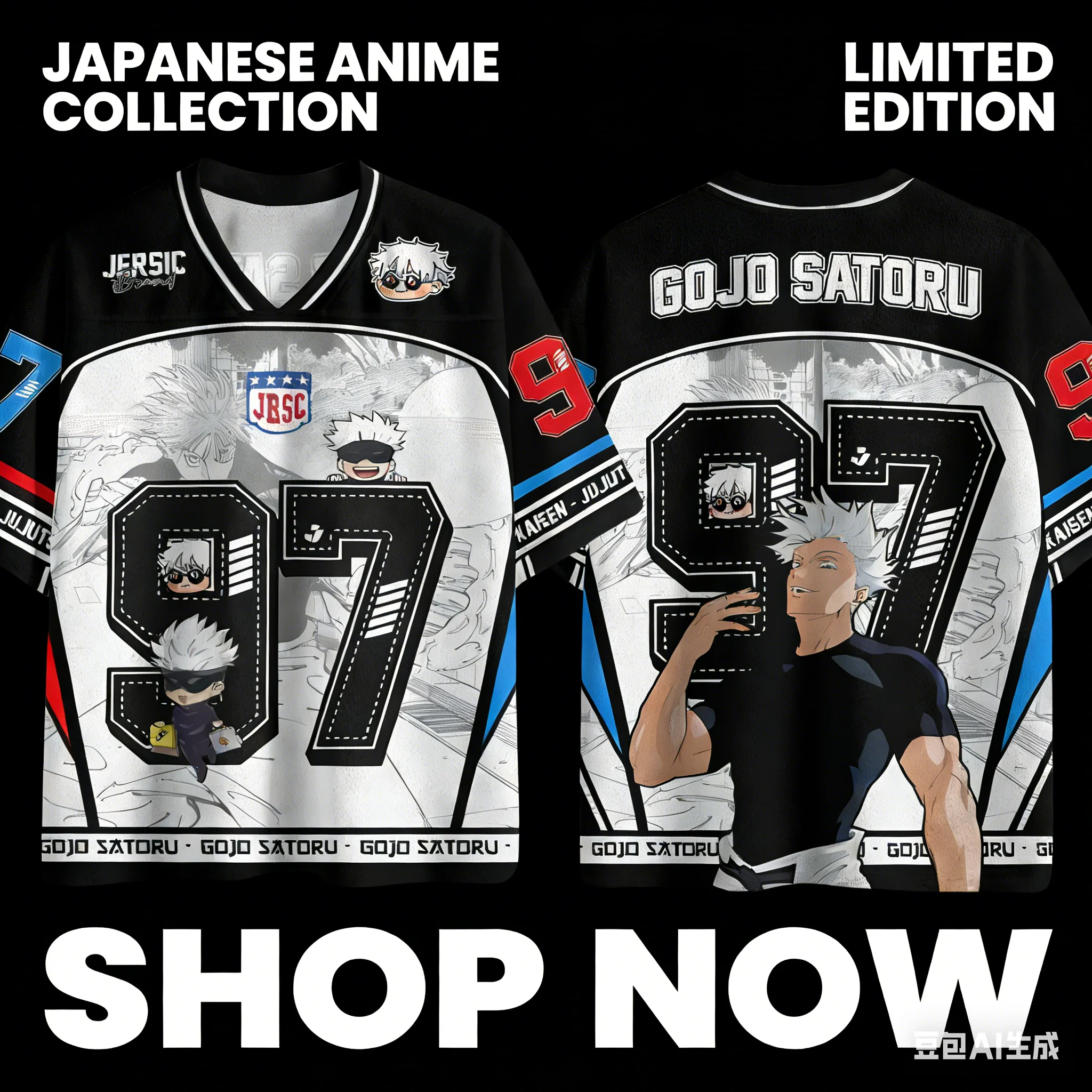 Neues Jujutsu Kaisen Gojo Satoru 97 Trikot Herren Anime Kurzarm V-Ausschnitt Schwarz Weiß Chibi Grafik-T-Shirt für Fans Lässige Streetwear