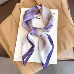 Women Silk Purple Printing Square Scarf Luxury Brand Female Beach Stoles Echarpe Satin Headband Shawl Wraps Bandana Decoration