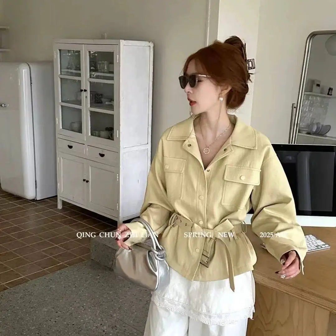 유럽 스타일 라펠 PU 가죽 재킷 여성 2025 봄 슬림핏 허리 지퍼 긴팔 코트 한국 패션 아우터