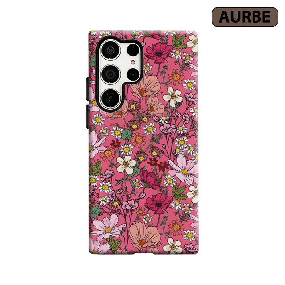 Pink Wildflower Mosaic Phone Case for Samsung Galaxy S26 S25 Ultra S24 S23 Ultra Plus Shockproof Double Layer Tough Back Cover