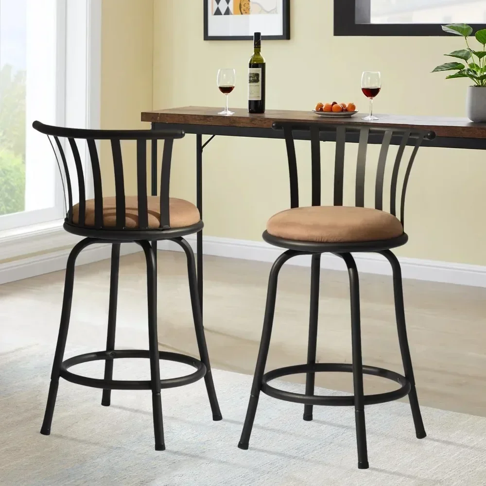 A Set of Two Classic Bar Stools with Backrest and Foot Pedal Rotating Counter Height Featuring A Rustic Style Bar Chair