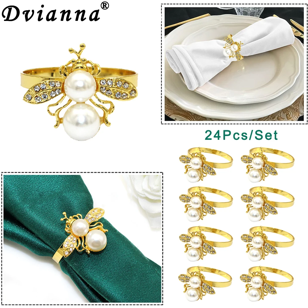 24Pcs White Pearl Queen Bee Napkin Rings Gold Bumble Bee Napkin Holder Crystal Honeybee Serviette Rings for Dinning Table Decor