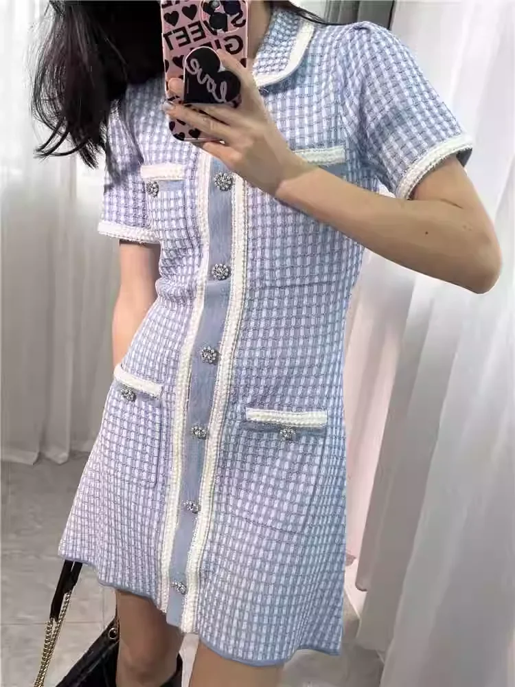 

Blue Knitted Mini Dress Women New Arrive Turn-Down Collor Short Sleeve Single Breasted Lady Dress 5230052