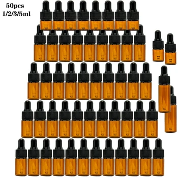 50pcs/set Mini Amber Glass Dropper Bottle 1ml/2ml/3ml/5ml Refillable Empty Essential Oil Bottle Massage Pipette Bottles For Essential Oils