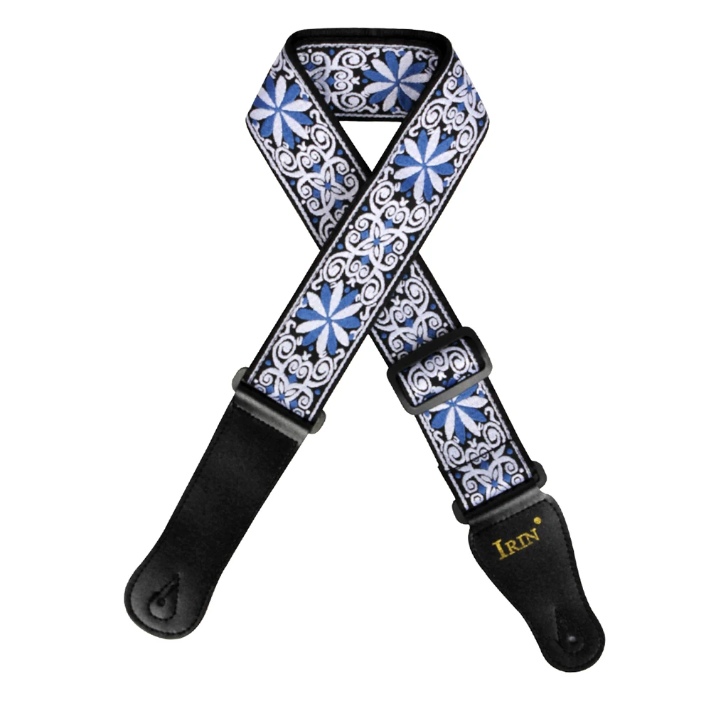 Universal Guitar Strap PU Leather Ends Adjustable Acoustic Guitar Blue Flower Embroidery Strap Belt Guitar Parts & Accessories