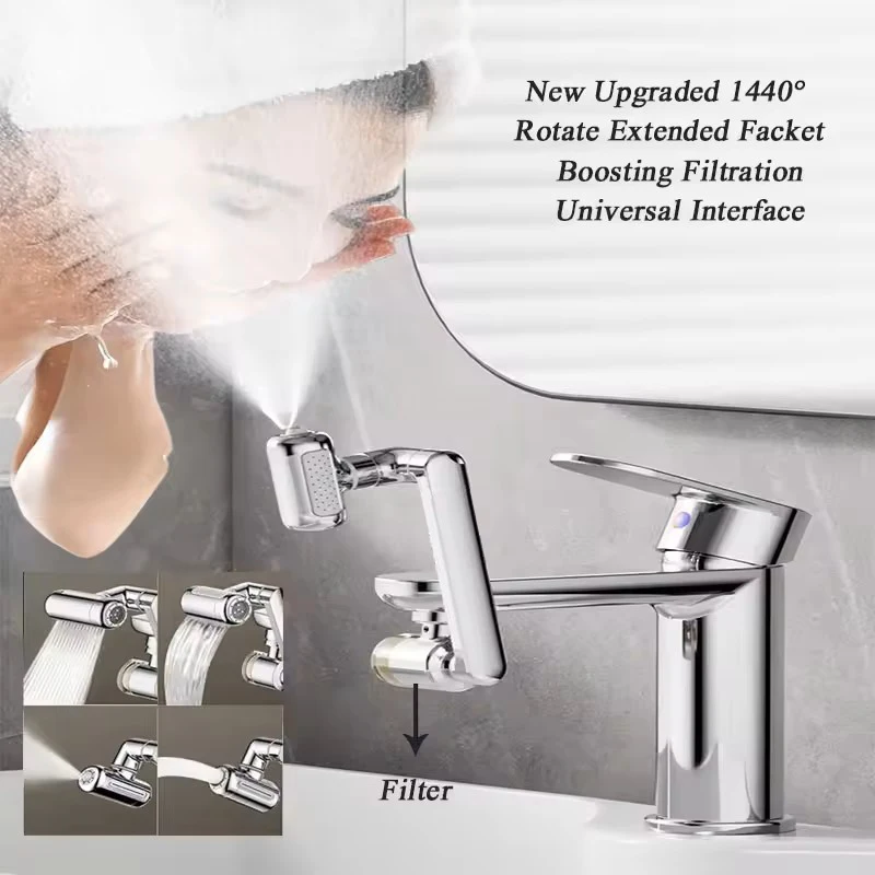 Nuevo 1440 ° Grifo de cocina Universal giratorio, grifo de baño, rociador de grifo giratorio, extensor de grifo ajustable de 4 modos, juego de baño
