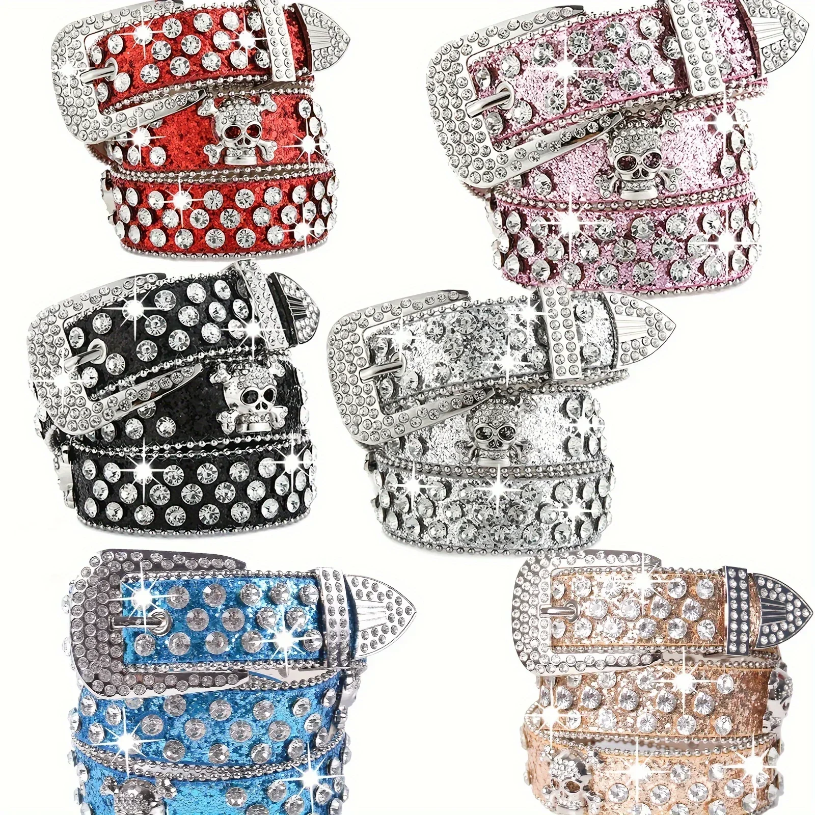 Skull Rivet Rhinestone Bb Belts Trendy Solid Color Sparkling PU Leather Belt Cowboy Cowgirl Jeans Pants Belt For Women Girls