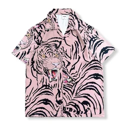 Tiger Full Printed Button Down Collar Vintage Shirts Men 2024 Summer Thin Material Hawaiian Shirts Male Top