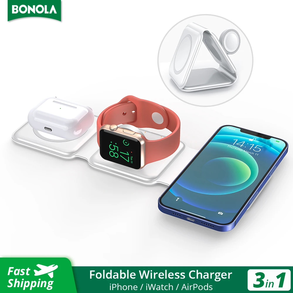 

Bonola 3 in 1 Foldable Wireless Charger for iPhone 14/13/12 Pro Magnetic Portable Wireless Charger for Apple Watch 8/7/Airpods 3