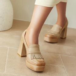 New Pumps Spring Slip on Tassel Block High Heels Oxford Women Shoes Retro Square Toe Office Party Dress Footwear Plus Size 42 43