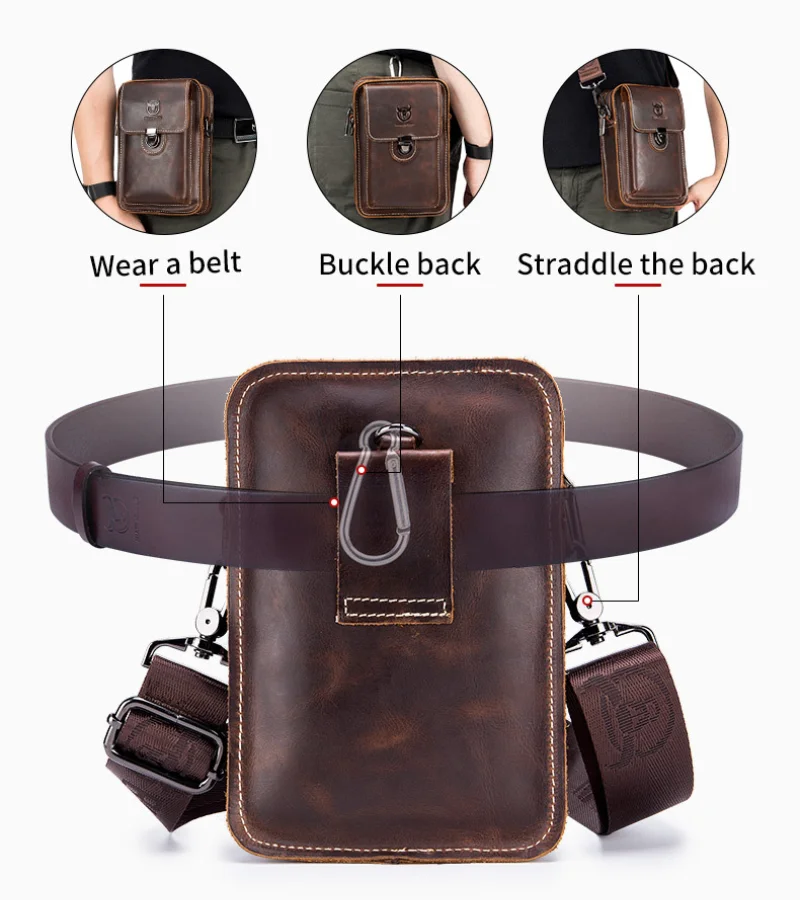 BULLCAPTAIN Men\'s Genuine Leather Waist Packs Casual Belt Mobile Phone Bag 100% Cowhide Men Small Shoulder Bag Crossbody Bag