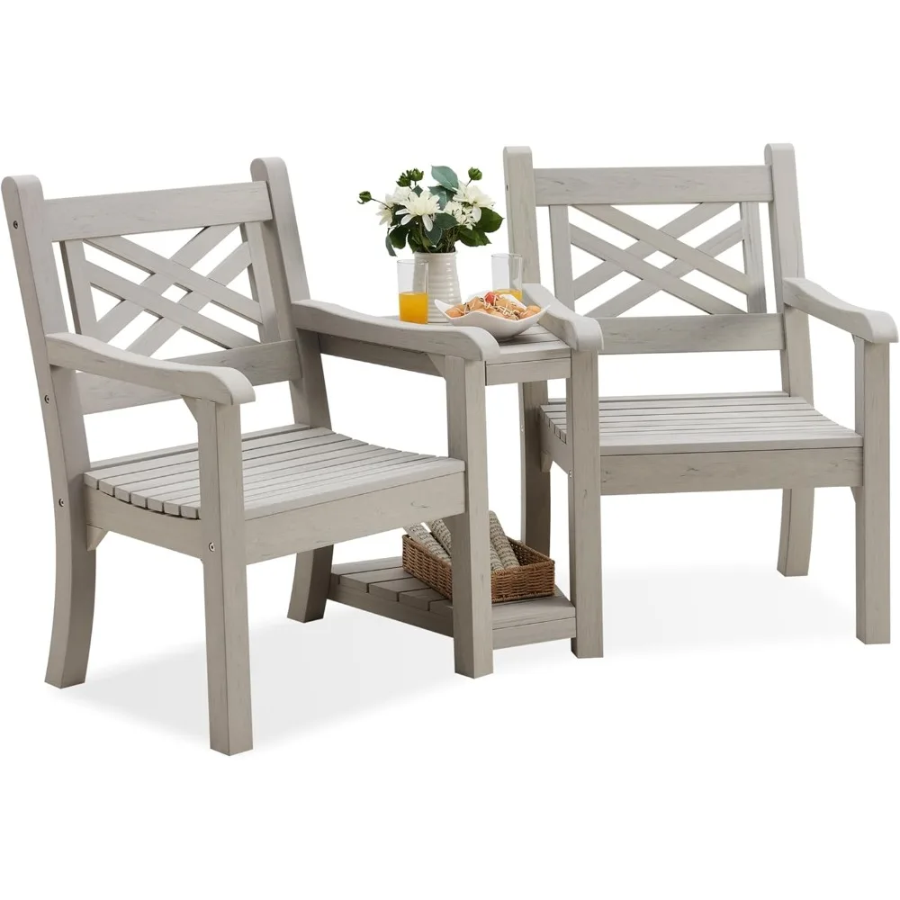 

Patio Furniture, All-Weather Poly Lumber Outdoor Loveseat, 2-Seater Outdoor Chair with Center Table & Umbrella Hole