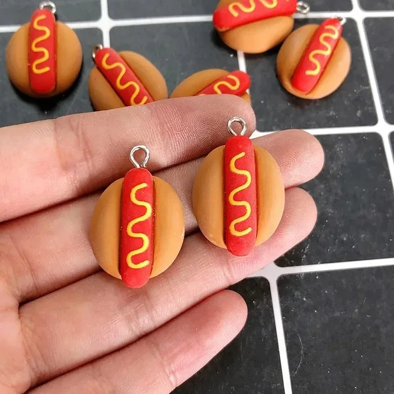 10Pcs Cute Fast Food Resin Charms, Mini Simulation Hot Dog Burger Ham Sausage Pendants for DIY Earrings Keychains Crafts