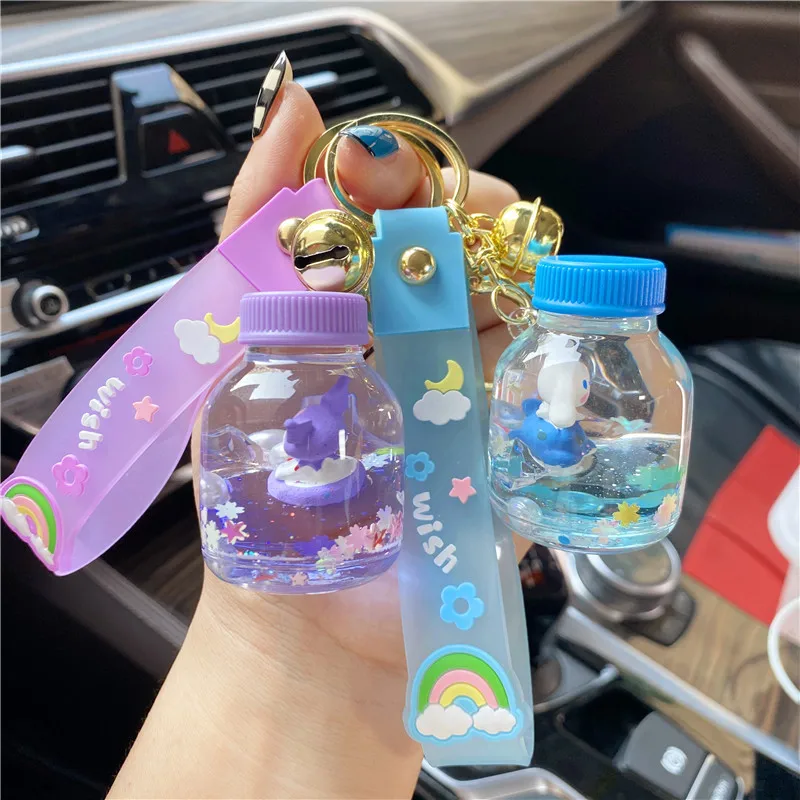 3pcs Creative In-oil Floating Whale Shell Long Ear Rabbit Key Chain Quicksand Starfish Pearl Coconut Milk Bottle Liquid Keyring