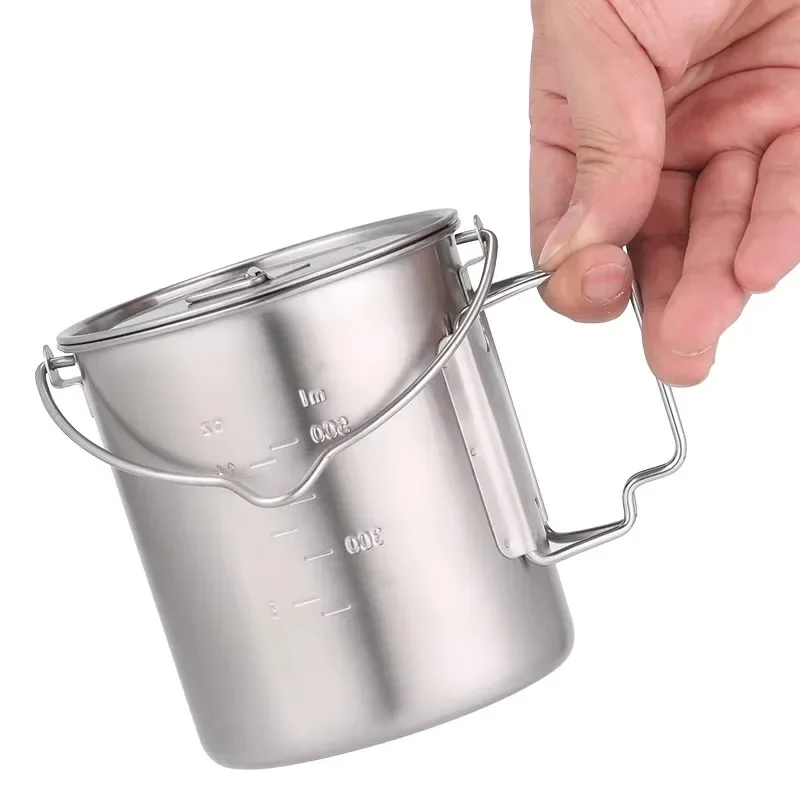 Stainless steel portable, coffee milk cup, cooking cup with collapsible handle and lid, cooking pot