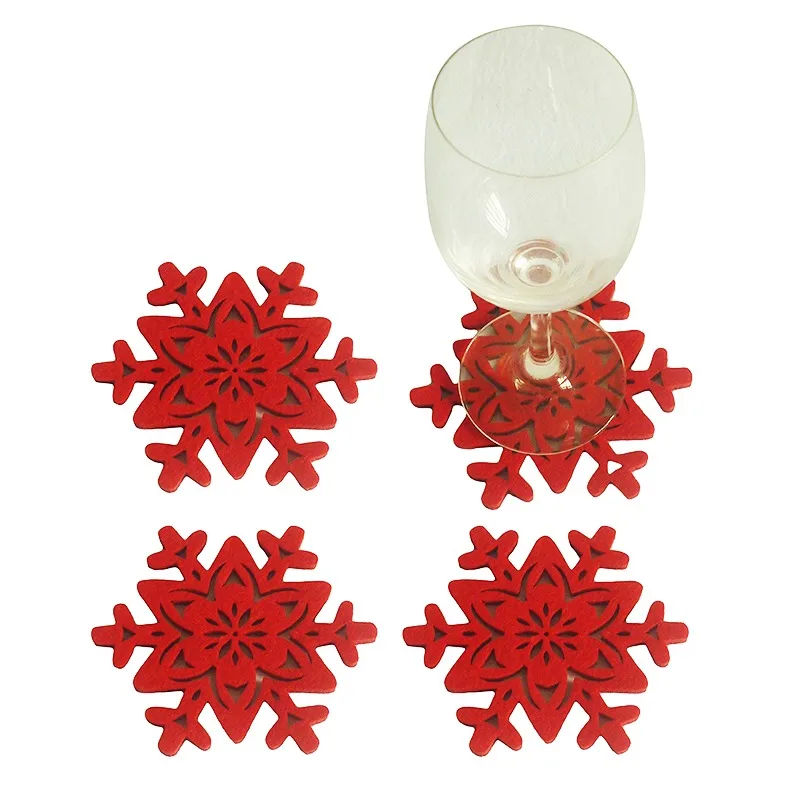 4Pcs Red Felt Christmas Snowflake Coasters Dining Table Protector Pads Heat Resistant Cup Mat Coffee Tea Hot Drink Mug Placemats