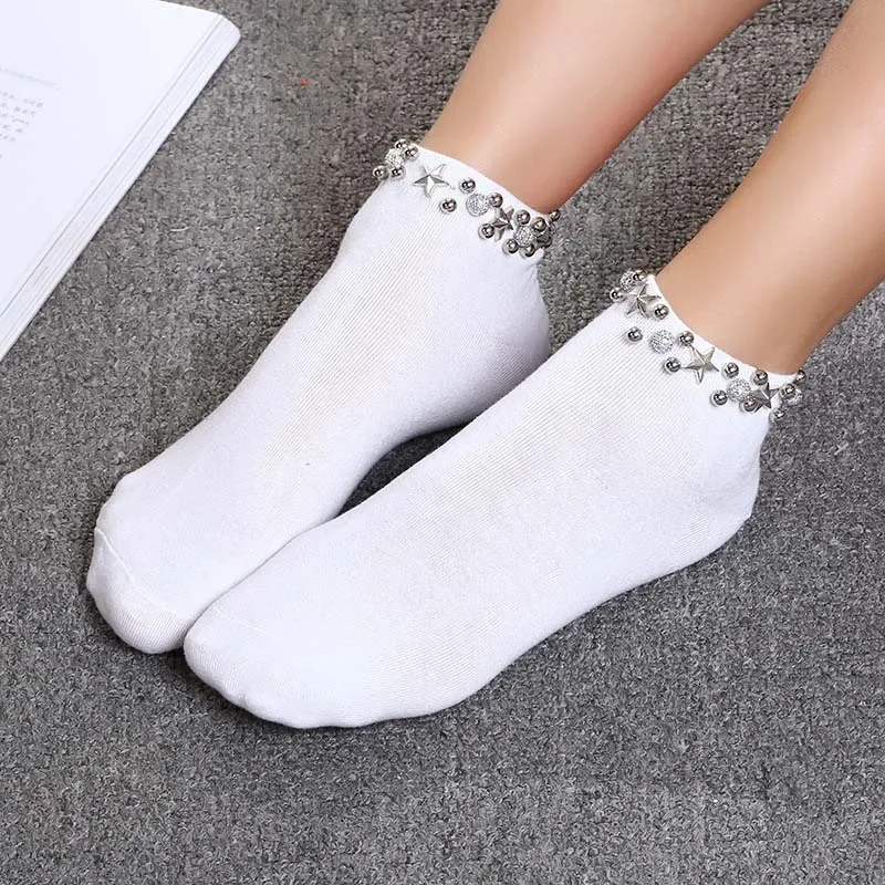 Handmade Japan Pearl Stars Fishnet Socks Women Creative Reto College Style Socks Harajuku Hollow Out Calcetines Mujer