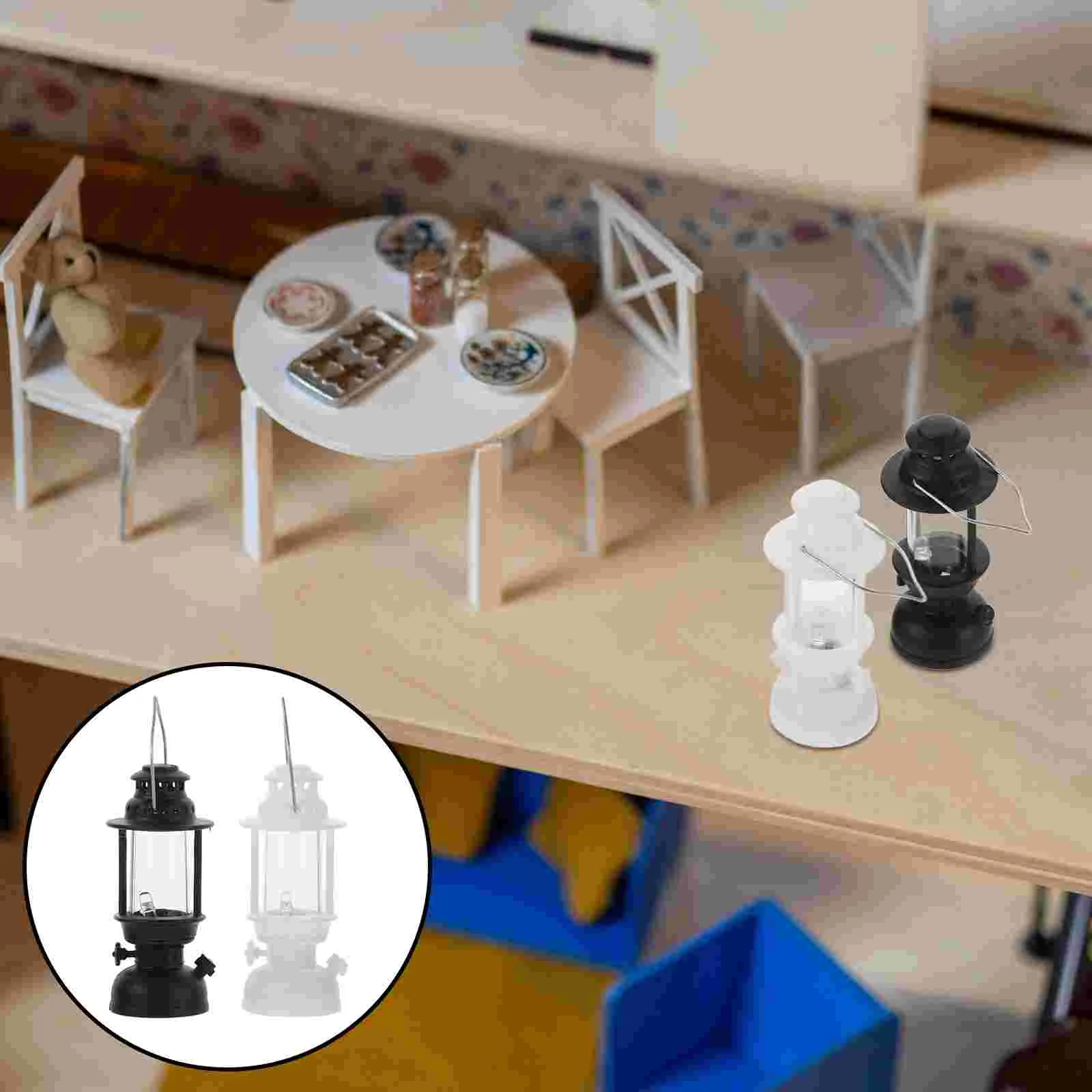 

2 Pcs Retro Kerosene Lamp Model Dollhouse Desk Light Old Fashioned Street Lantern Lighting Pp Miniature Vintage Rain