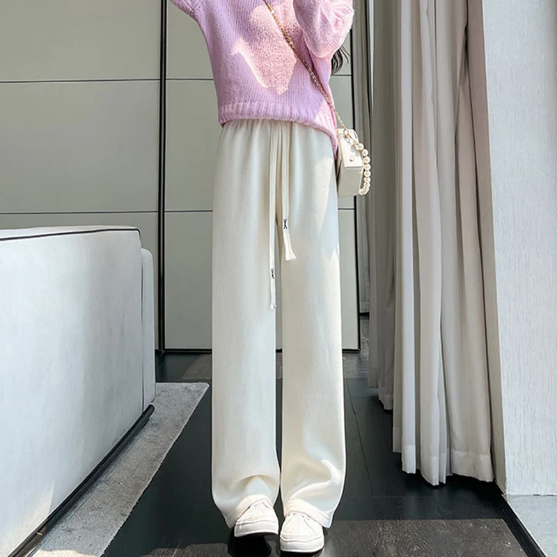 

Autumn Winter Women's Loose Warm Corduroy Pants Casual Versatile Fleece Straight Trousers New High Waist Drawstring Long Pants