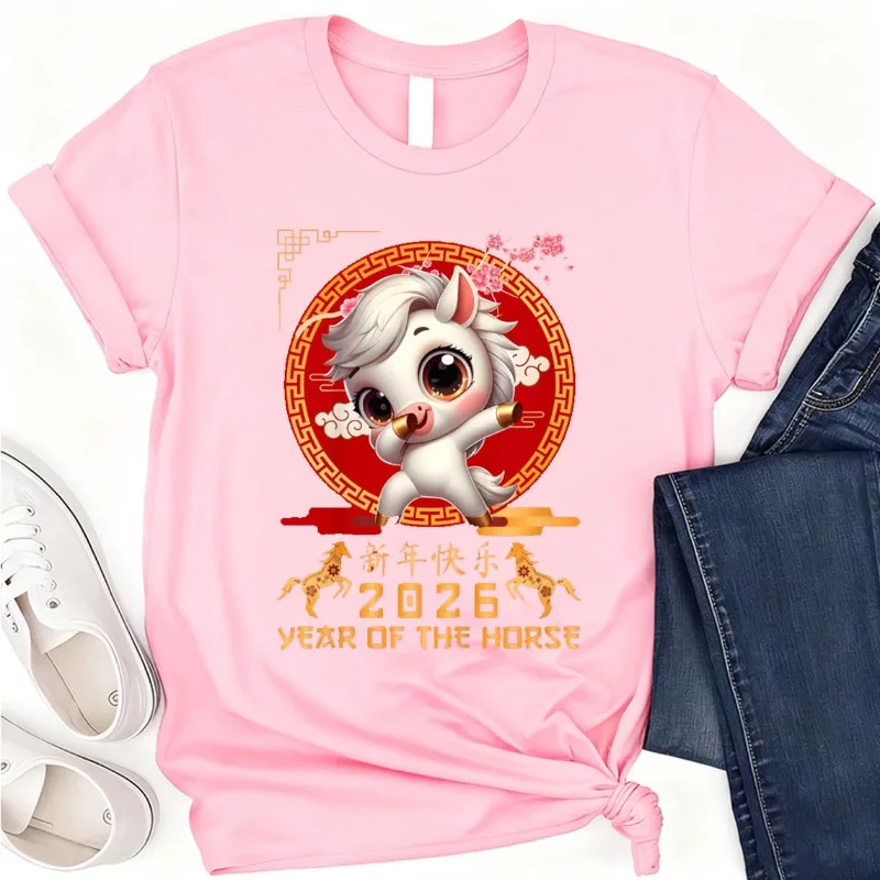 

Year of The Horse 2026 Chinese Lunar New Year 2026 Tees Crew Neck Short Sleeve Cotton Top All Seasons Casual Fashion Comfortable