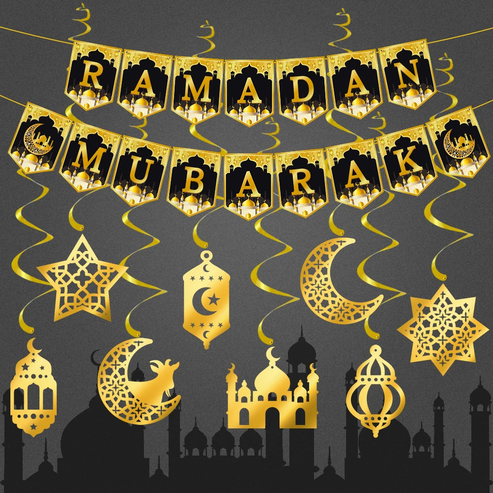 Ramadan แขวน Swirl เครื่องประดับ Eid Mubarak แบนเนอร์ Garland Moon Star มัสยิด Streamer Garland อิสลามมุสลิมตกแต่งพรรค