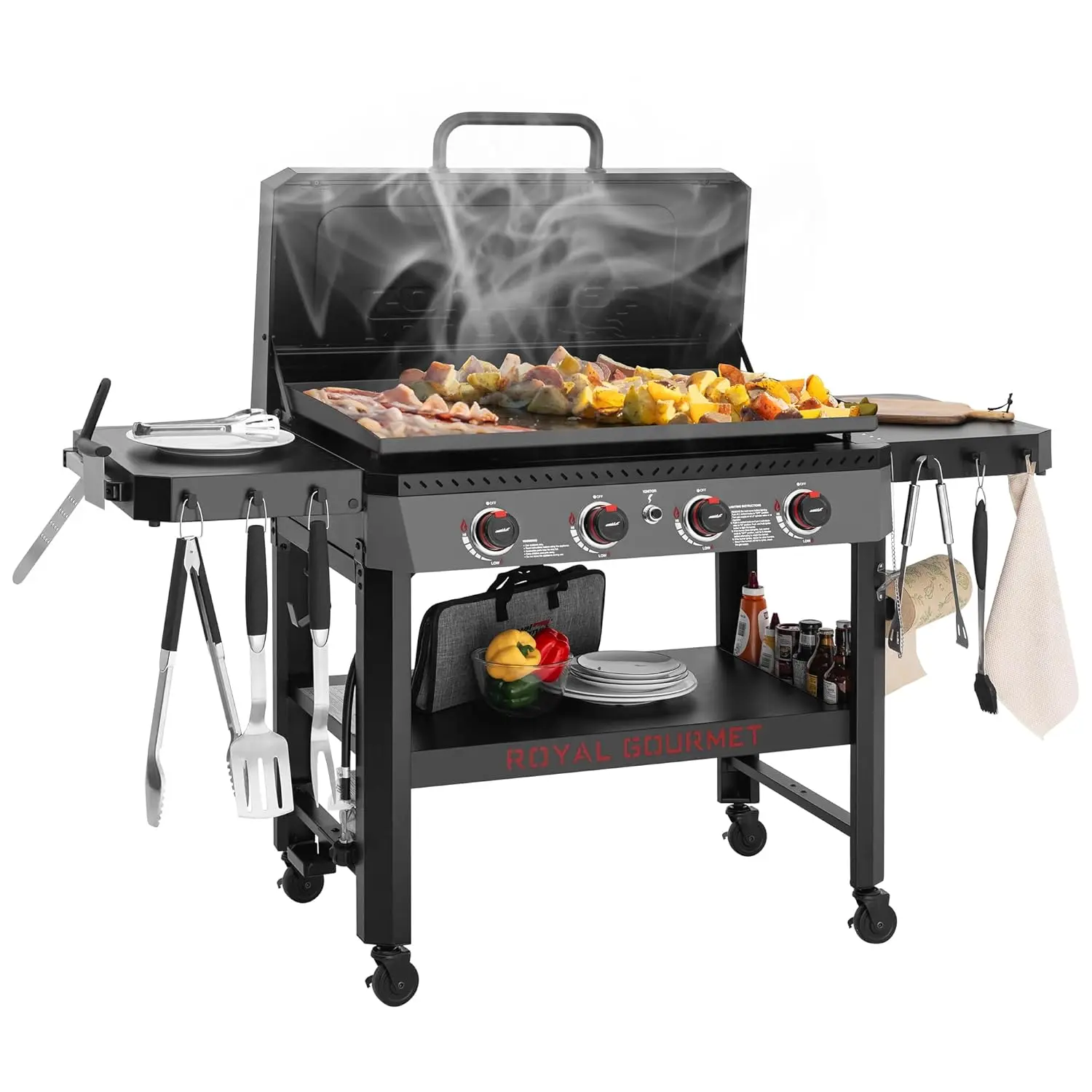 

GB4005P 34-Inch 4-Burner Propane Gas Griddle with Hood, Griddle with Collapsible Side Shelves and Storage Basket,, Customized